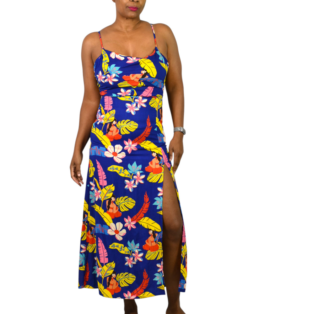 XIX Palms Hawaii Halter Maxi Dress Blue Floral Hula Girl Front Slit Rayon XS